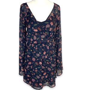 Abercrombie Womens S Ditsy Floral Navy Chiffon Bell Sleeve Flowy Mini Dress Boho